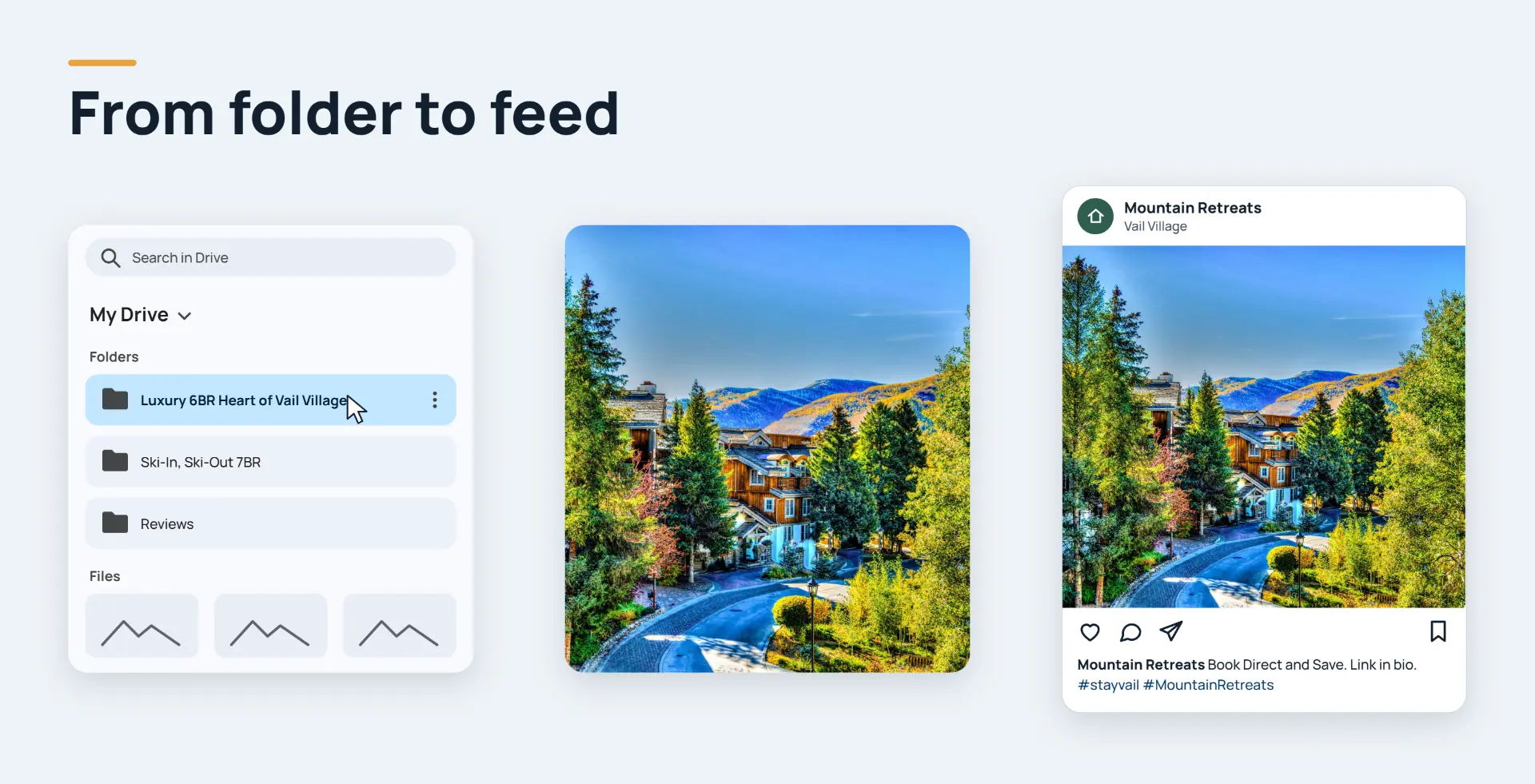 From folder to feed: a Drive folder of property photos becomes an Instagram post