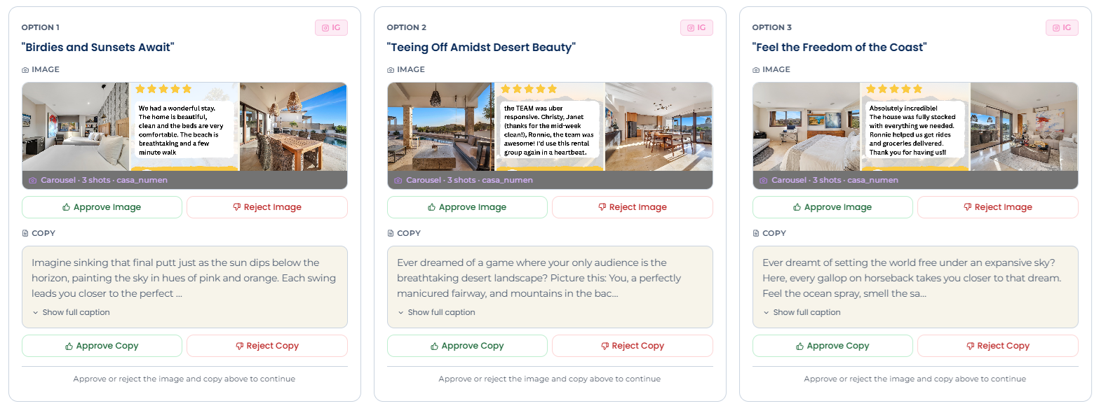Three Instagram carousel options with image and copy approval controls