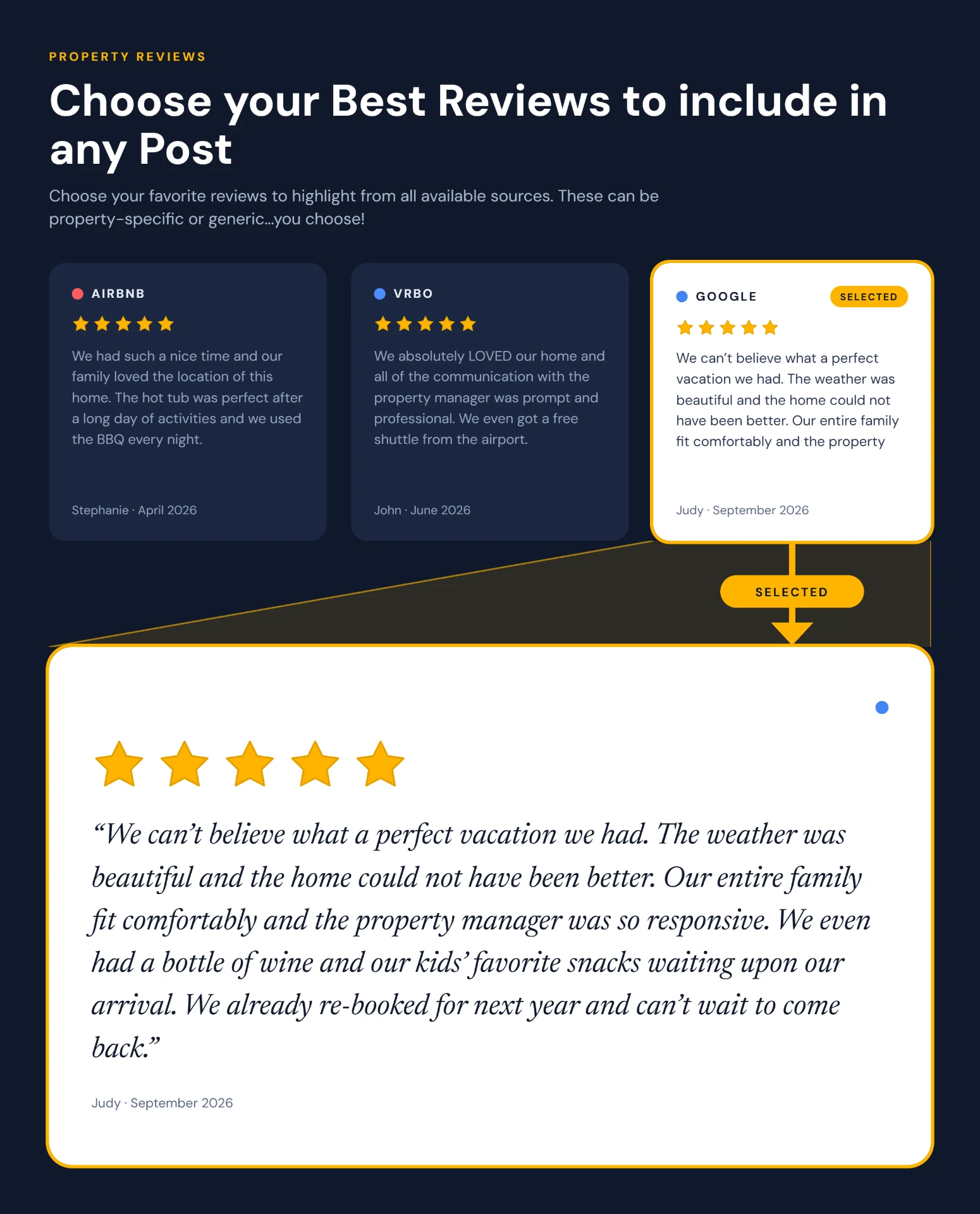 Property reviews from Airbnb, VRBO, and Google with one Google review selected and shown in full